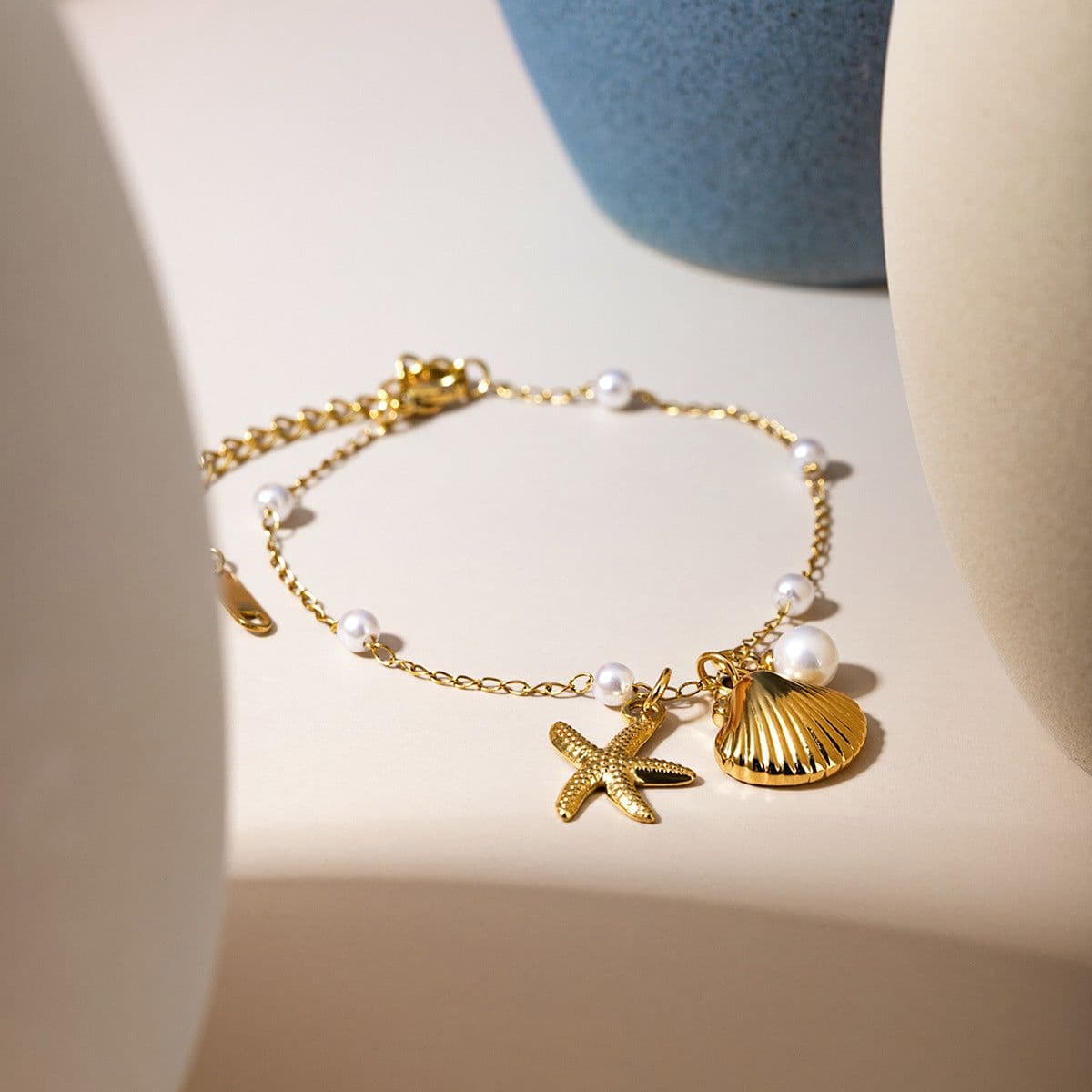 image-Fashion Jewelry 18K Gold Stainless Steel Pearl Chain Summer Holiday Shell Starfish Pendant Bracelet