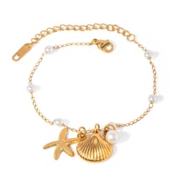 image-Fashion Jewelry 18K Gold Stainless Steel Pearl Chain Summer Holiday Shell Starfish Pendant Bracelet