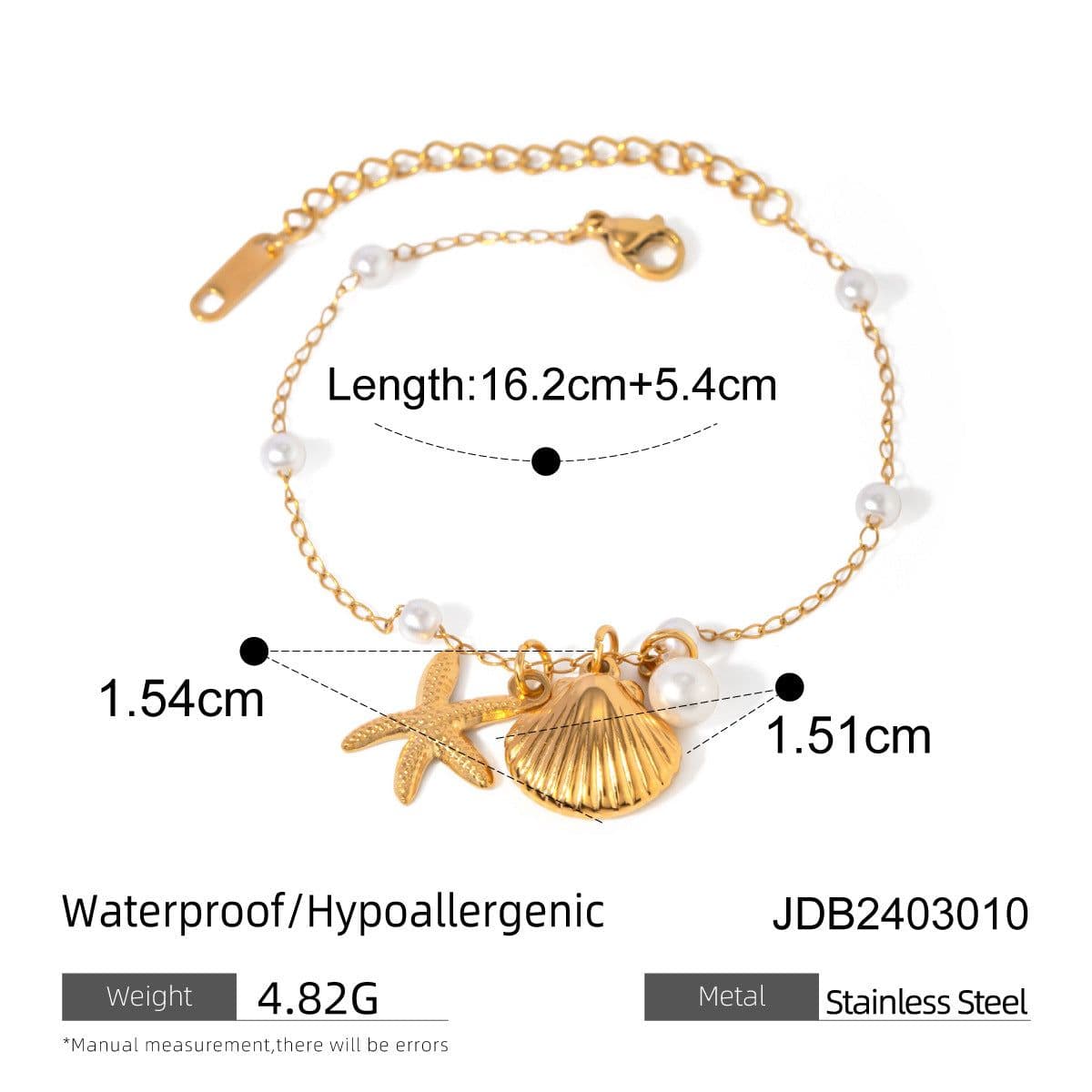image-Fashion Jewelry 18K Gold Stainless Steel Pearl Chain Summer Holiday Shell Starfish Pendant Bracelet