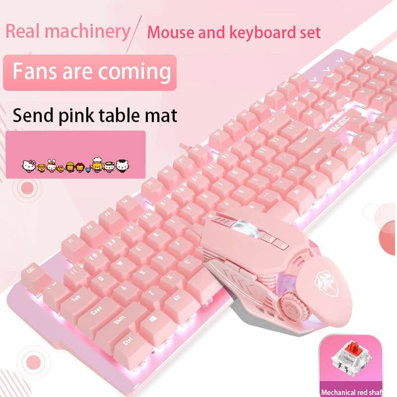 image-Pink Real Mechanical Keyboard And Mouse Set Girls Cute Gaming Games Dedicated Wired Green Axis Red Axis Girl Heart Luminous Wired Notebook