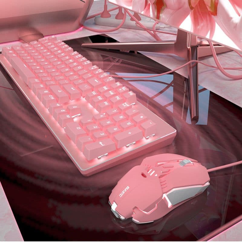 image-Pink Real Mechanical Keyboard And Mouse Set Girls Cute Gaming Games Dedicated Wired Green Axis Red Axis Girl Heart Luminous Wired Notebook