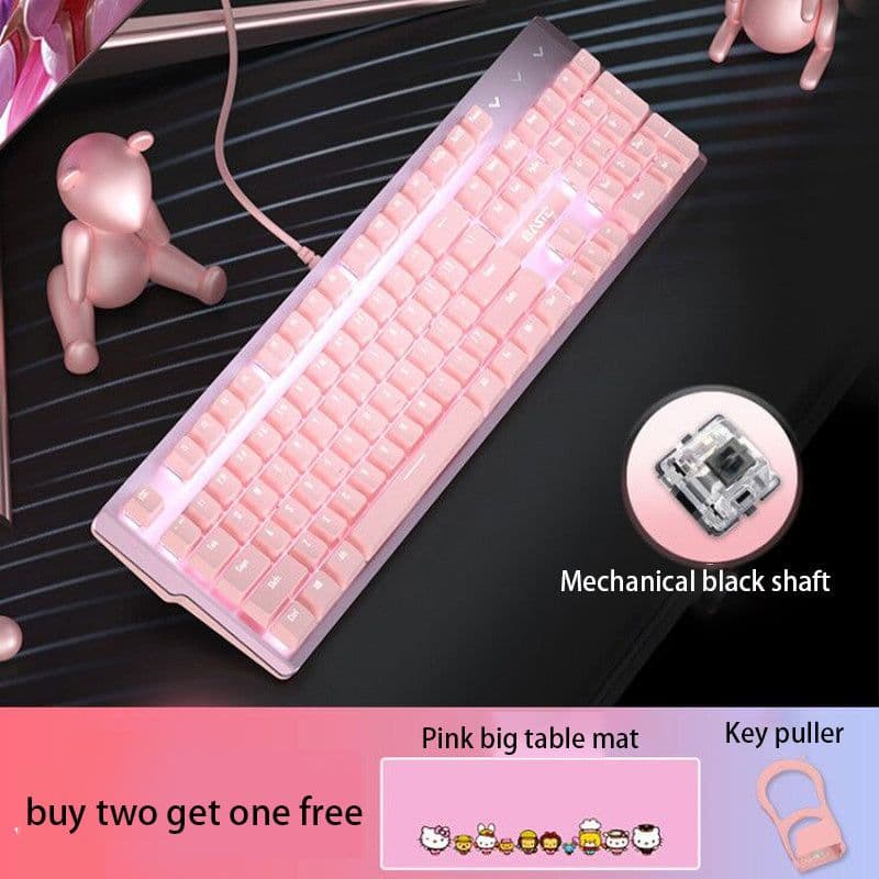image-Pink Real Mechanical Keyboard And Mouse Set Girls Cute Gaming Games Dedicated Wired Green Axis Red Axis Girl Heart Luminous Wired Notebook