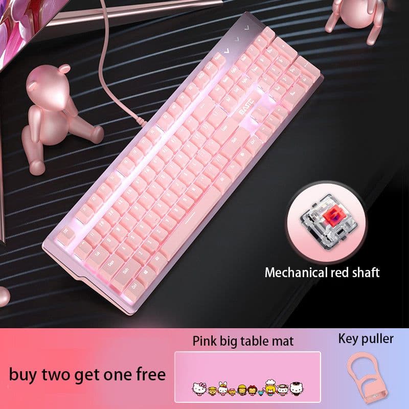 image-Pink Real Mechanical Keyboard And Mouse Set Girls Cute Gaming Games Dedicated Wired Green Axis Red Axis Girl Heart Luminous Wired Notebook