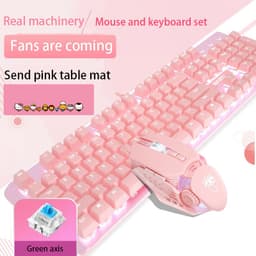 image-Pink Real Mechanical Keyboard And Mouse Set Girls Cute Gaming Games Dedicated Wired Green Axis Red Axis Girl Heart Luminous Wired Notebook