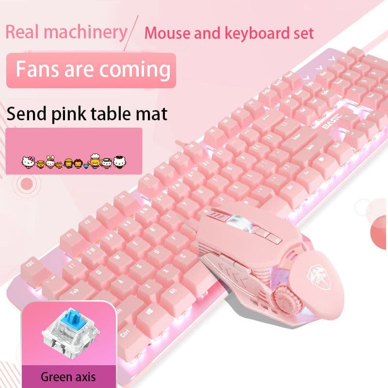 image-Pink Real Mechanical Keyboard And Mouse Set Girls Cute Gaming Games Dedicated Wired Green Axis Red Axis Girl Heart Luminous Wired Notebook