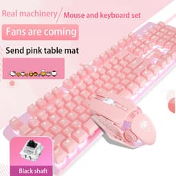 image-Pink Real Mechanical Keyboard And Mouse Set Girls Cute Gaming Games Dedicated Wired Green Axis Red Axis Girl Heart Luminous Wired Notebook