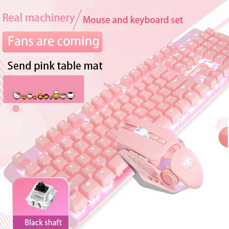 image-Pink Real Mechanical Keyboard And Mouse Set Girls Cute Gaming Games Dedicated Wired Green Axis Red Axis Girl Heart Luminous Wired Notebook