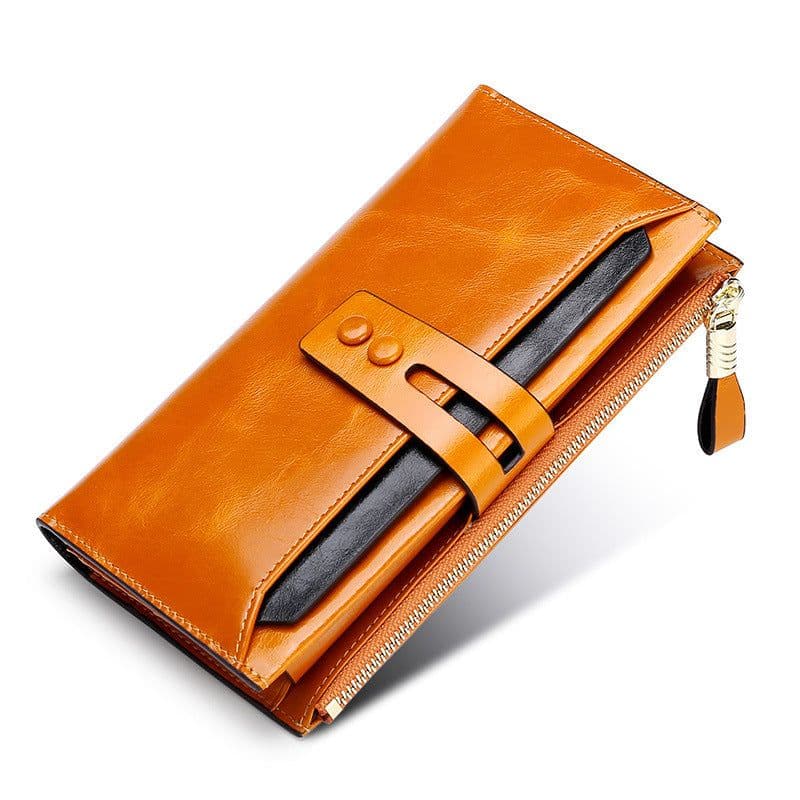 image-Manufacturers Wholesale Women'S Wallets Multi Card Buckle Long Oil Wax Leather Wallets European And American Retro Leather Handbags