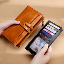 image-Manufacturers Wholesale Women'S Wallets Multi Card Buckle Long Oil Wax Leather Wallets European And American Retro Leather Handbags