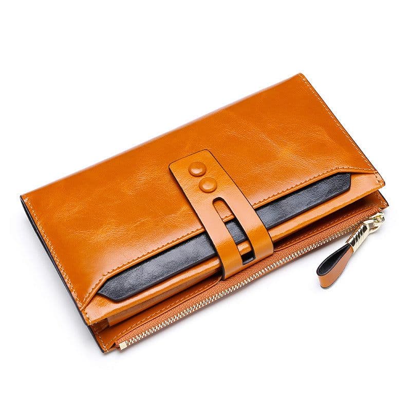 image-Manufacturers Wholesale Women'S Wallets Multi Card Buckle Long Oil Wax Leather Wallets European And American Retro Leather Handbags