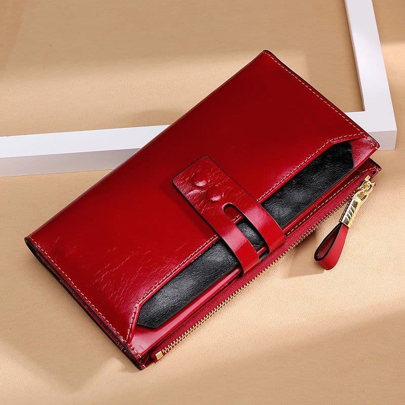 image-Manufacturers Wholesale Women'S Wallets Multi Card Buckle Long Oil Wax Leather Wallets European And American Retro Leather Handbags