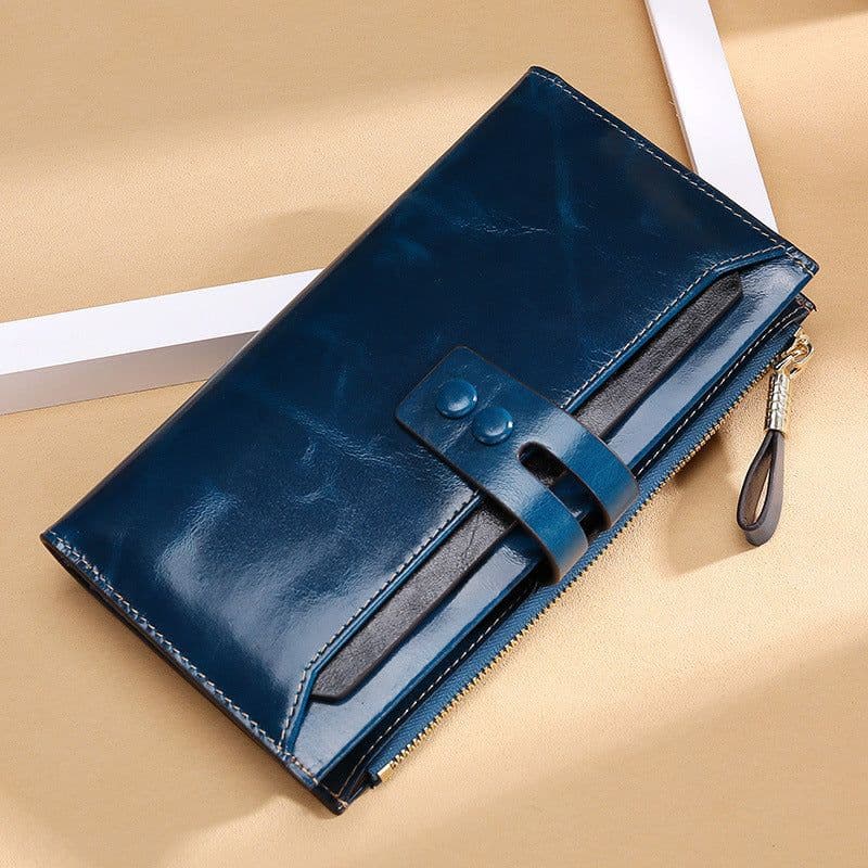 image-Manufacturers Wholesale Women'S Wallets Multi Card Buckle Long Oil Wax Leather Wallets European And American Retro Leather Handbags