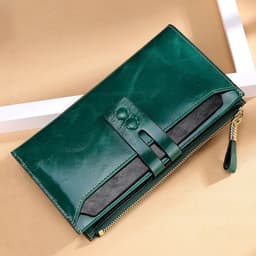 image-Manufacturers Wholesale Women'S Wallets Multi Card Buckle Long Oil Wax Leather Wallets European And American Retro Leather Handbags