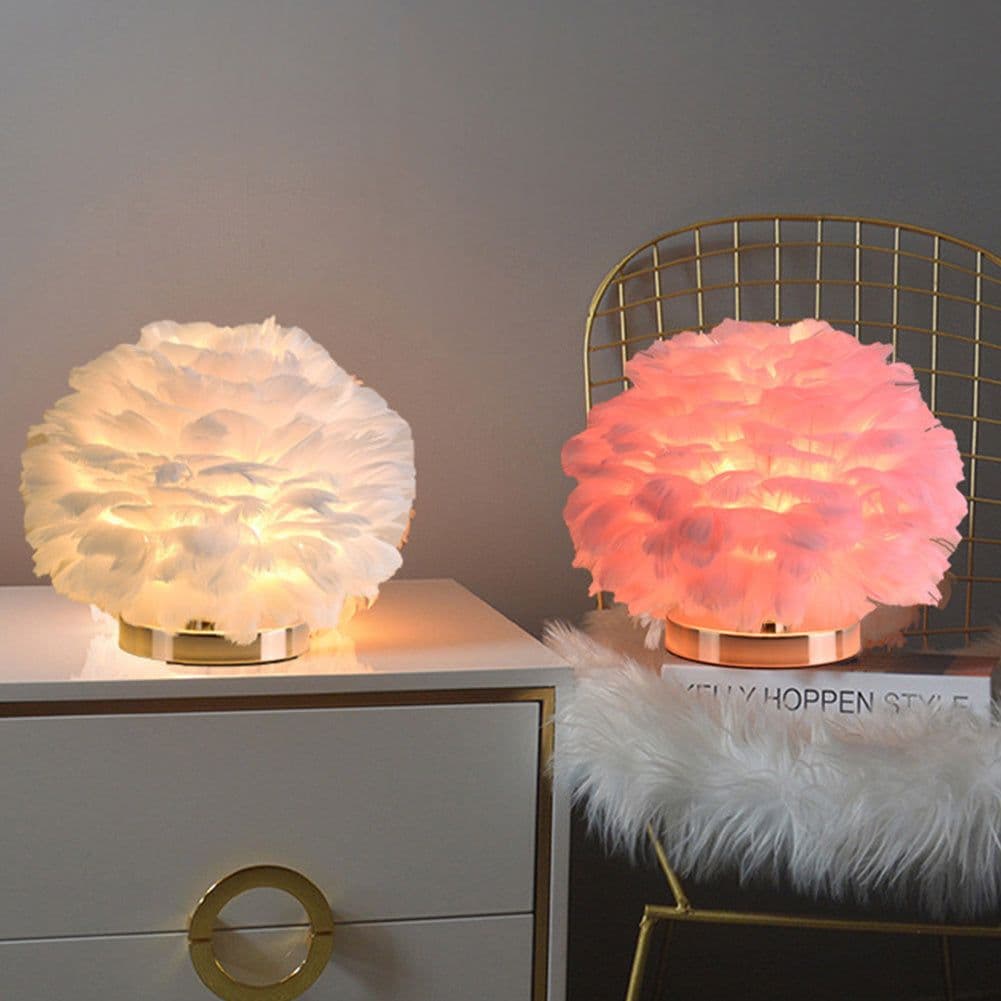 image-Feather Table Lamp Bedroom Bedside Light Luxury Ins Creative Warm And Romantic Girl Children'S Room Nordic Living Room Floor Lamp