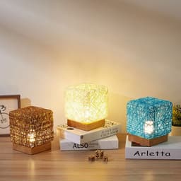 image-Hand-Knit Dimmable Square LED Desk Lights Wood Rattan Twine USB Charging Table Lamp Girls Bedroom Gift Home Decor Night Lighting