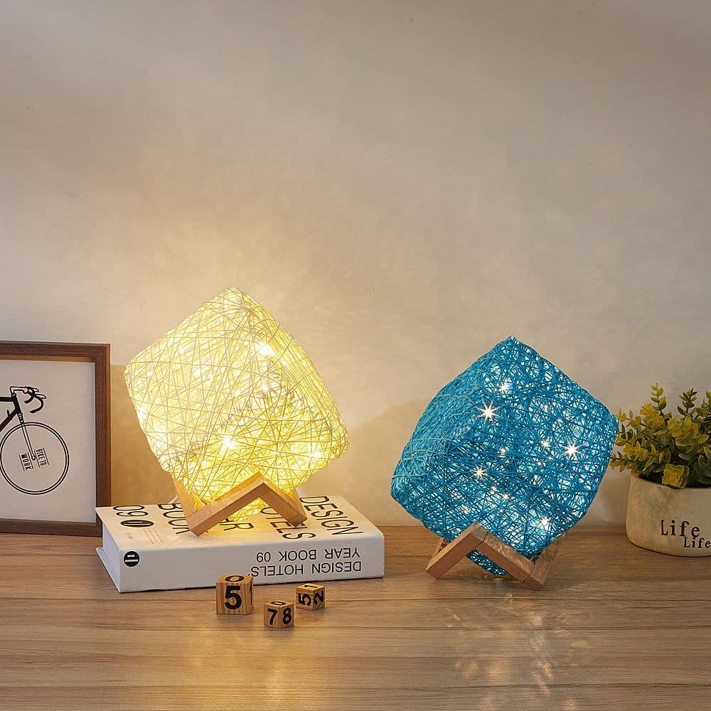 image-Hand-Knit Dimmable Square LED Desk Lights Wood Rattan Twine USB Charging Table Lamp Girls Bedroom Gift Home Decor Night Lighting