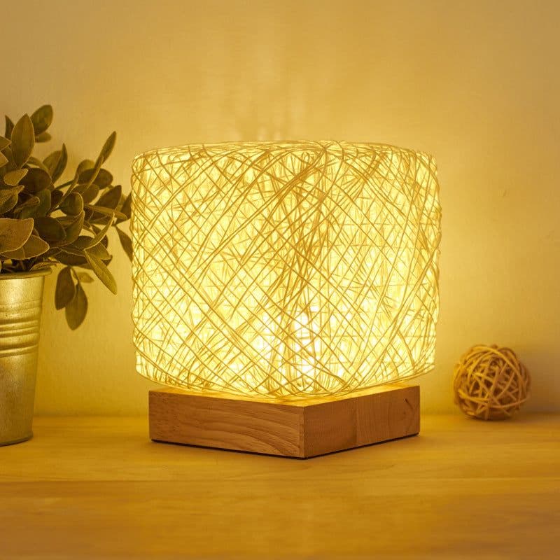 image-Hand-Knit Dimmable Square LED Desk Lights Wood Rattan Twine USB Charging Table Lamp Girls Bedroom Gift Home Decor Night Lighting