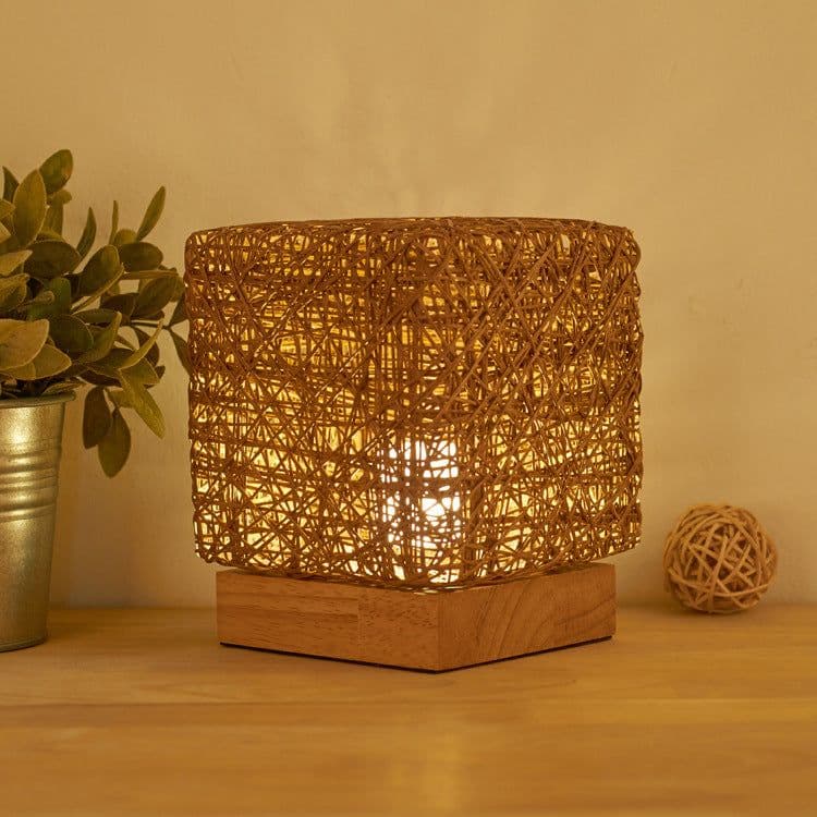 image-Hand-Knit Dimmable Square LED Desk Lights Wood Rattan Twine USB Charging Table Lamp Girls Bedroom Gift Home Decor Night Lighting