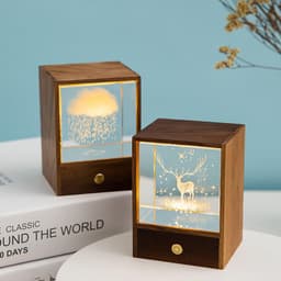 image-Wooden Box Square Crystal Ball Elk Cloud Night Light Christmas Birthday Gift