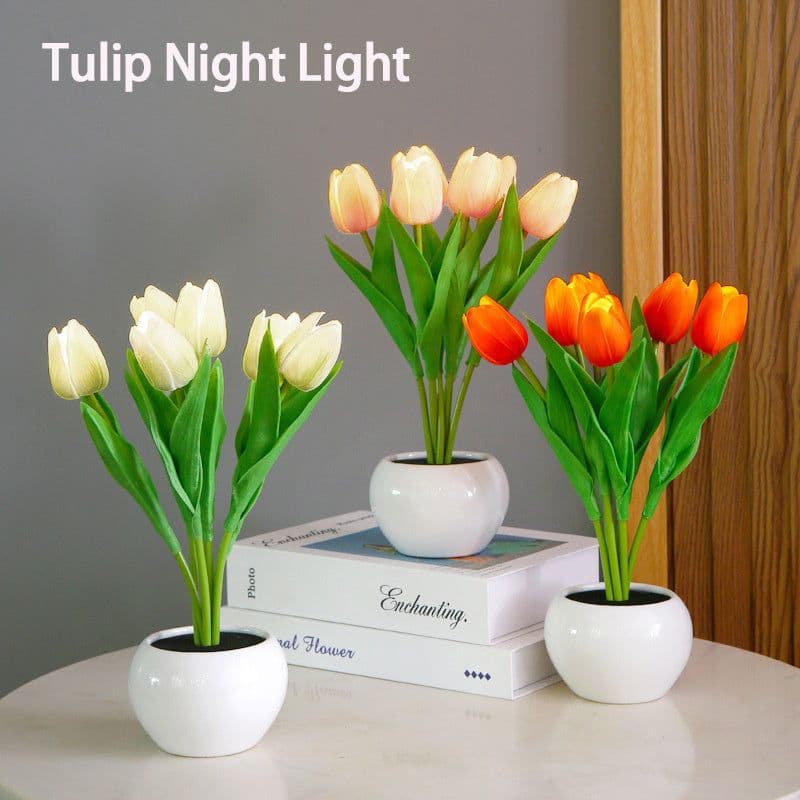 image-LED Tulip Flower Night Light Artificial Flowerpot Potted Plant Landscape Table Lamp Home Bedroom Living Room Decoration Gift