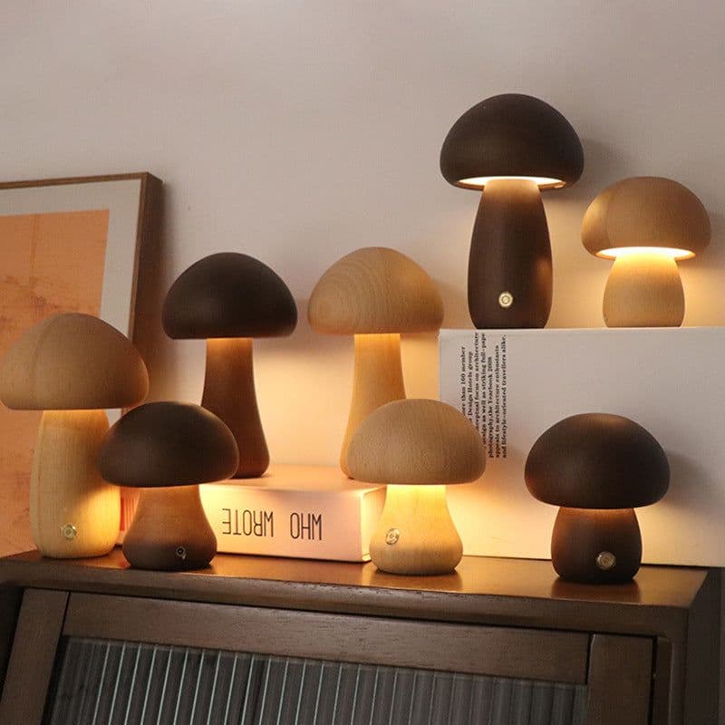 image-INS Wooden Cute Mushroom LED Night Light With Touch Switch Bedside Table Lamp For Bedroom Childrens Room Sleeping Night Lamps Home Decor