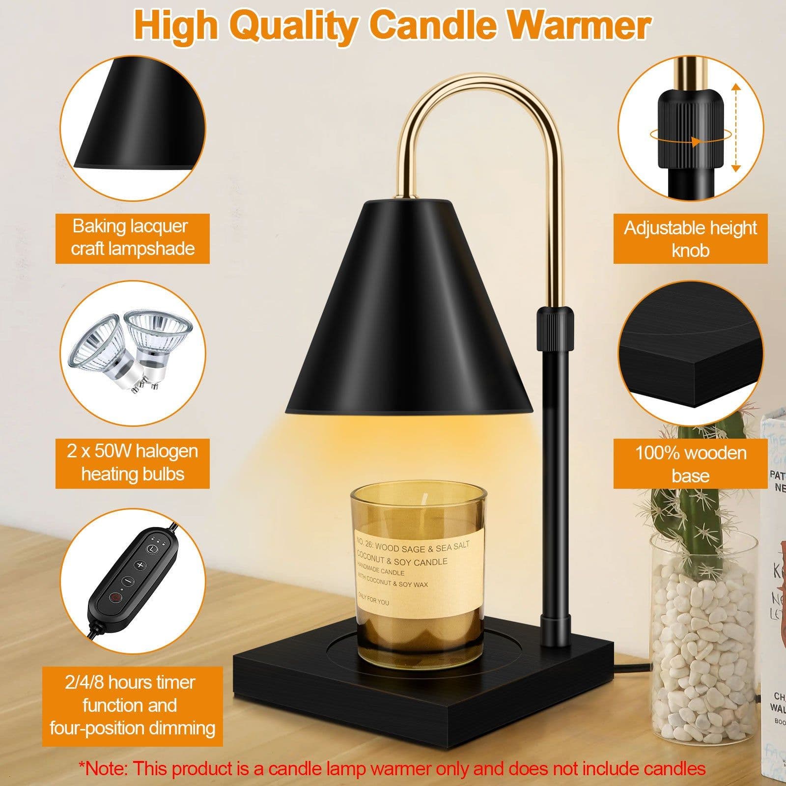 image-Candle Warmer, Candle Warmer Lamp With Timer Dimmable And Adjustable Height Candle Lamp Warmer Compatible With Jar Candles For Home Decor Electric Wax Melter Warmer, Wooden Base Black
