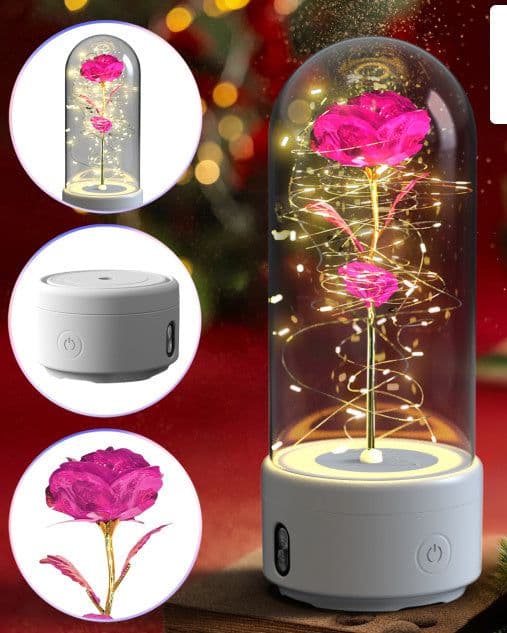 image-Creative 2 In 1 Rose Flowers LED Light And Bluetooth Speaker Valentine's Day Gift Rose Luminous Night Light Ornament In Glass Cover