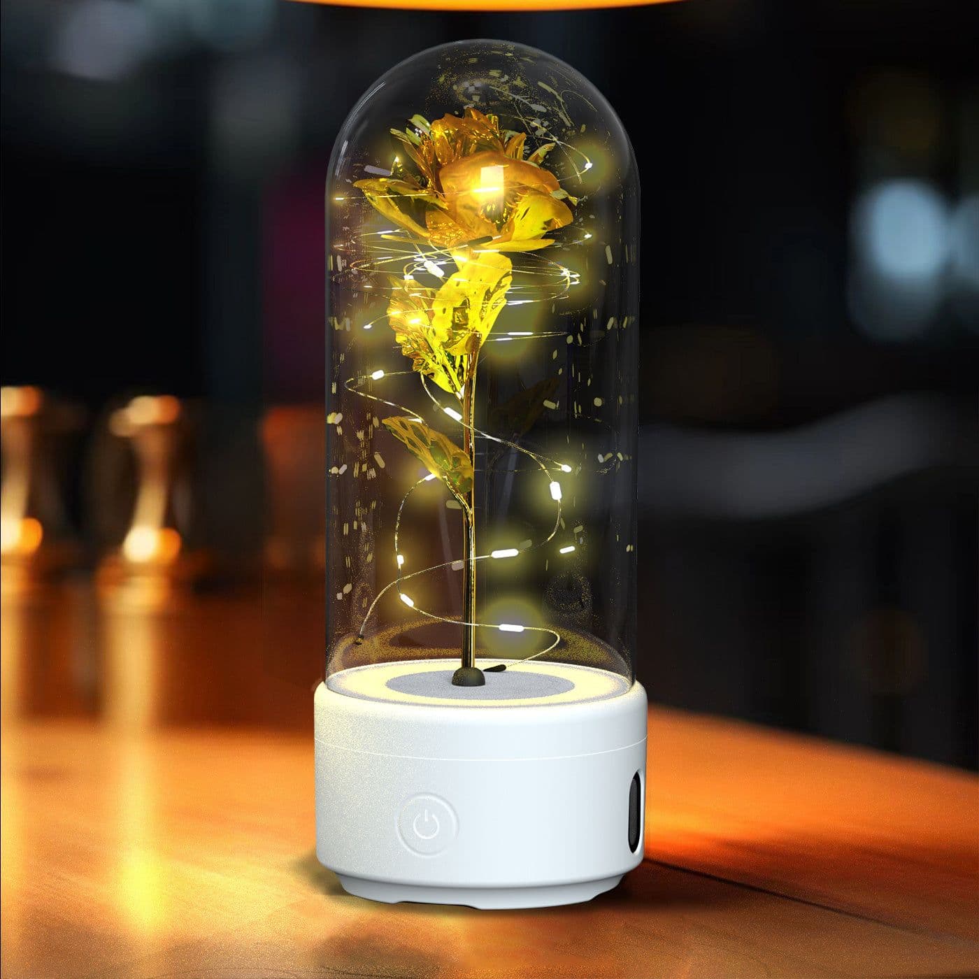 image-Creative 2 In 1 Rose Flowers LED Light And Bluetooth Speaker Valentine's Day Gift Rose Luminous Night Light Ornament In Glass Cover