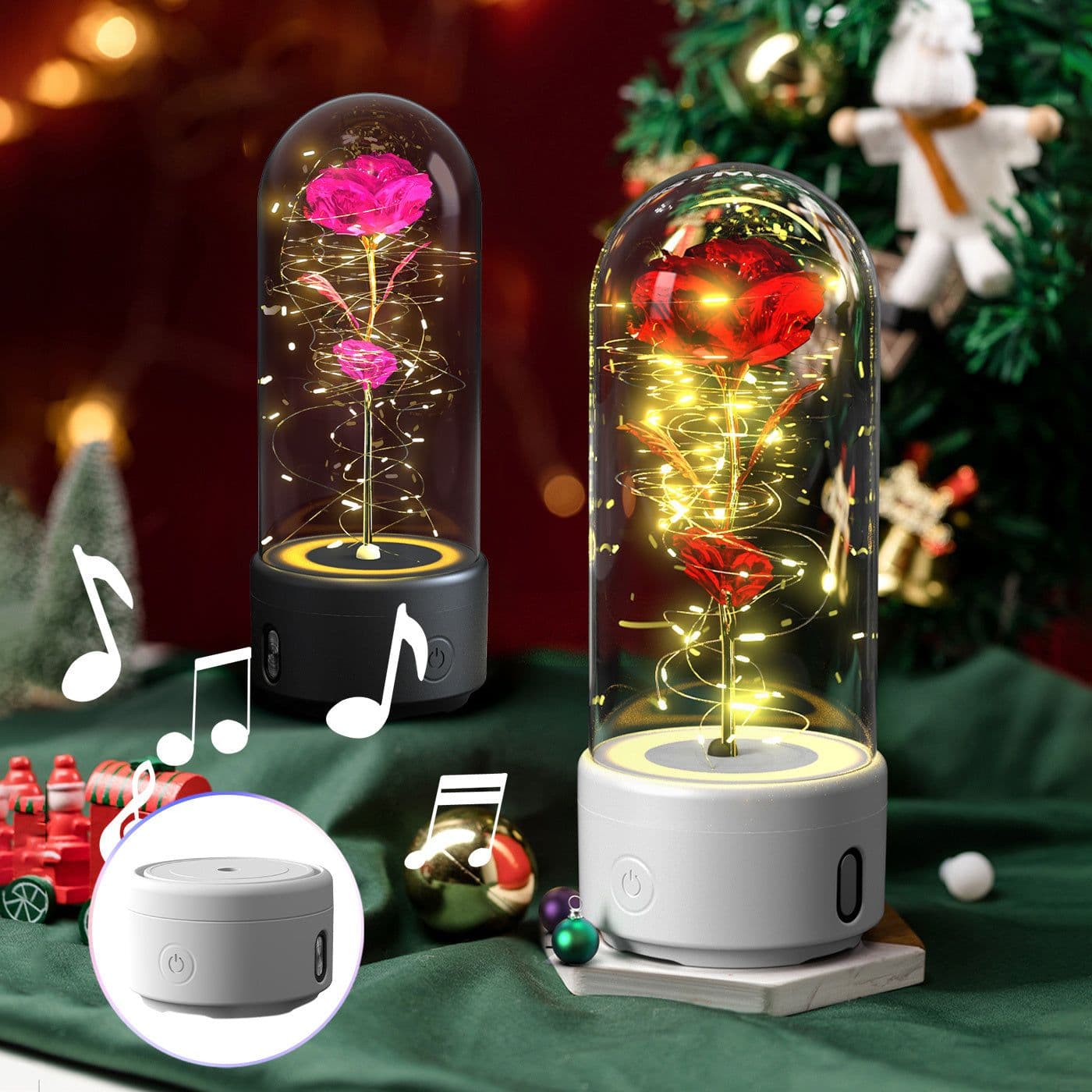 image-Creative 2 In 1 Rose Flowers LED Light And Bluetooth Speaker Valentine's Day Gift Rose Luminous Night Light Ornament In Glass Cover