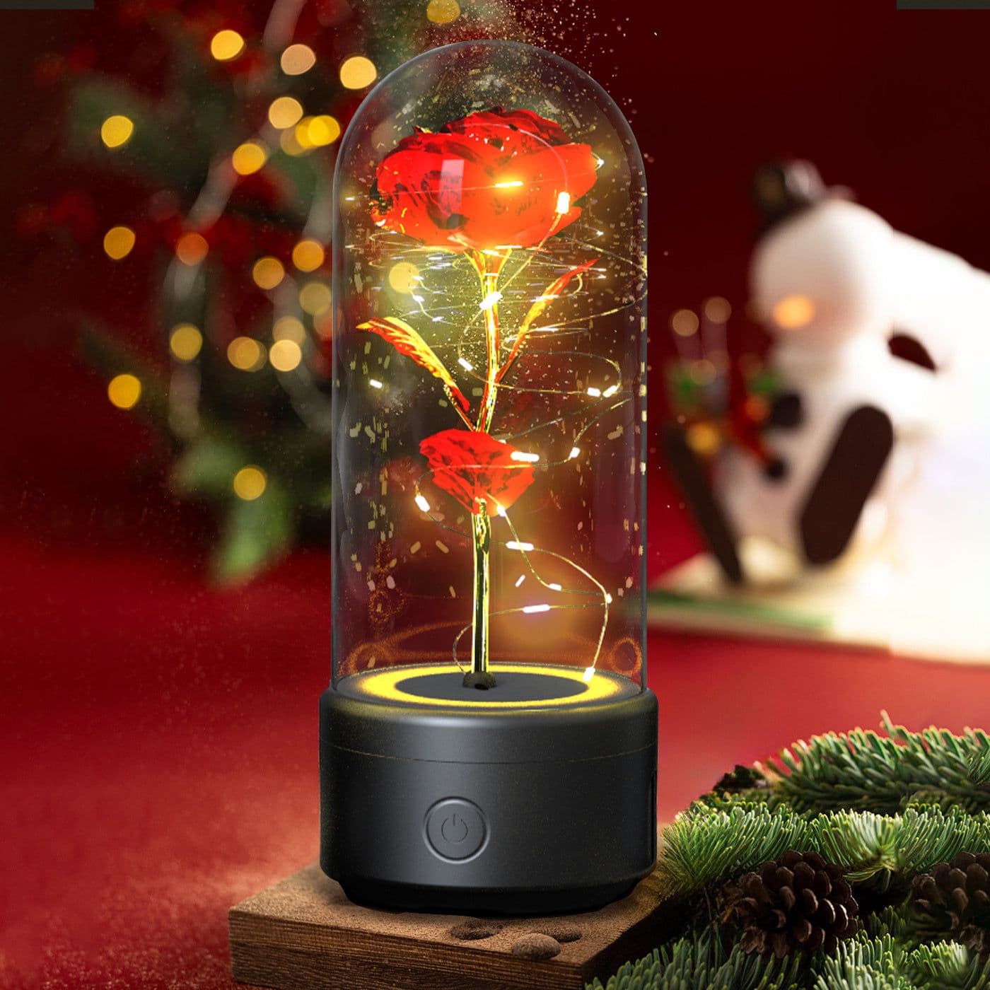 image-Creative 2 In 1 Rose Flowers LED Light And Bluetooth Speaker Valentine's Day Gift Rose Luminous Night Light Ornament In Glass Cover