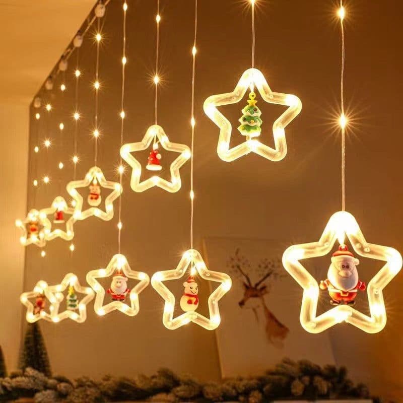 image-Festive DIY String Lights,Santa Claus Circle Christmas Tree Cartoon Shape Curtain Lights,LED Colorful Lights,Room Window Decoration Lights