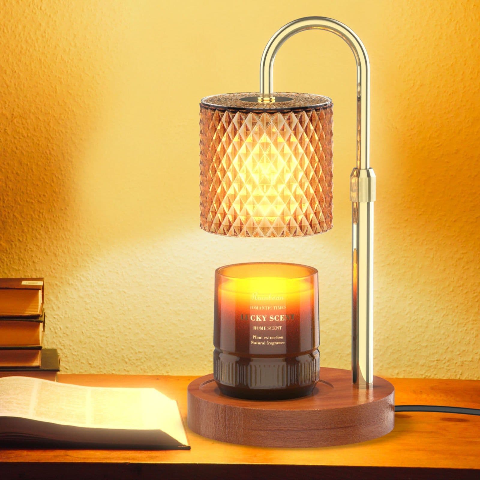 image-RAINBEAN Candle Warmer Lamp, Adjustable Height Electric Candle Warmer With Timer And Dimmer Vintage Wax Warmer Light For Jar Candles Home Decor Gifts Amber Glass & Walnut Wood