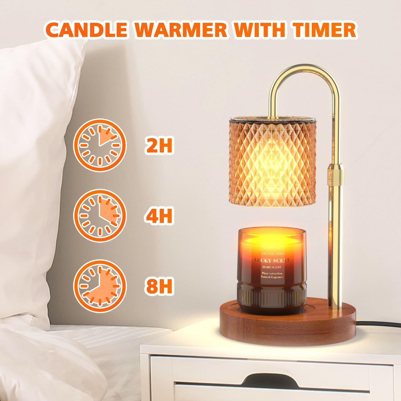 image-RAINBEAN Candle Warmer Lamp, Adjustable Height Electric Candle Warmer With Timer And Dimmer Vintage Wax Warmer Light For Jar Candles Home Decor Gifts Amber Glass & Walnut Wood