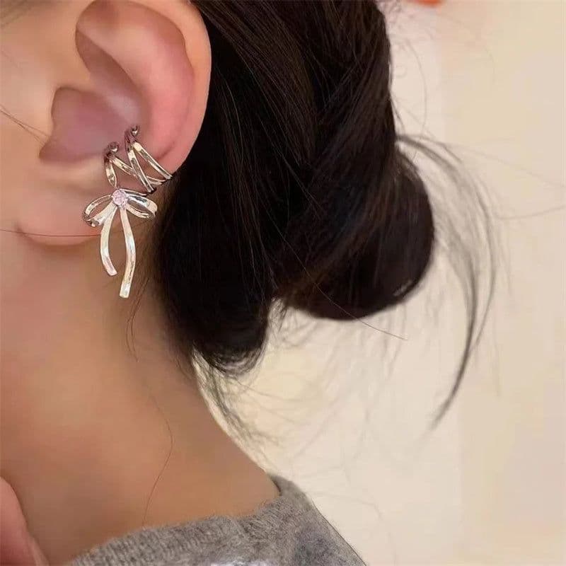 image-Fashion Jewelry New Ribbon Aesthetics Ear Clips Ballet Style Ribbon Bow-knot Ear Cuff For Women Fashion Non-Piercing Ear Clips Earrings Jewelry