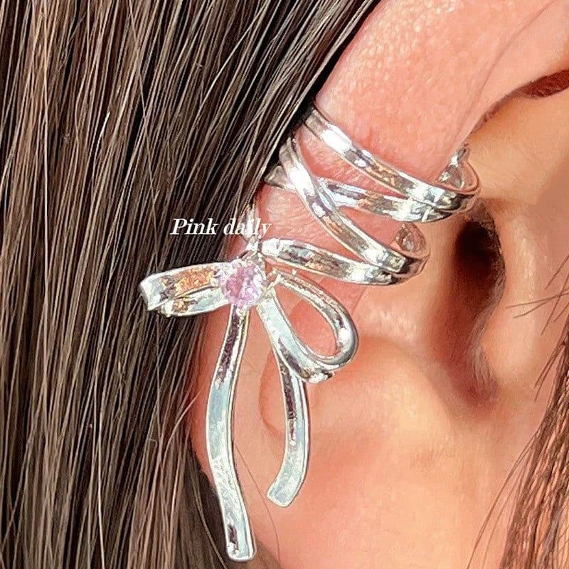 image-Fashion Jewelry New Ribbon Aesthetics Ear Clips Ballet Style Ribbon Bow-knot Ear Cuff For Women Fashion Non-Piercing Ear Clips Earrings Jewelry