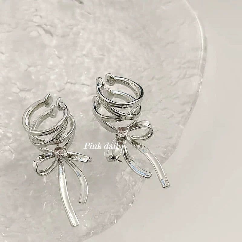 image-Fashion Jewelry New Ribbon Aesthetics Ear Clips Ballet Style Ribbon Bow-knot Ear Cuff For Women Fashion Non-Piercing Ear Clips Earrings Jewelry
