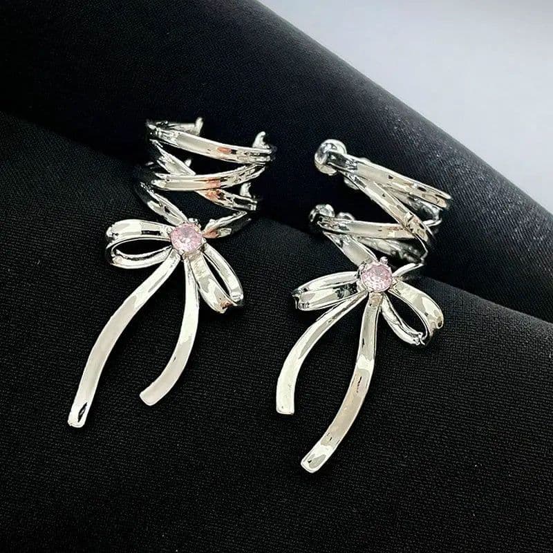 image-Fashion Jewelry New Ribbon Aesthetics Ear Clips Ballet Style Ribbon Bow-knot Ear Cuff For Women Fashion Non-Piercing Ear Clips Earrings Jewelry