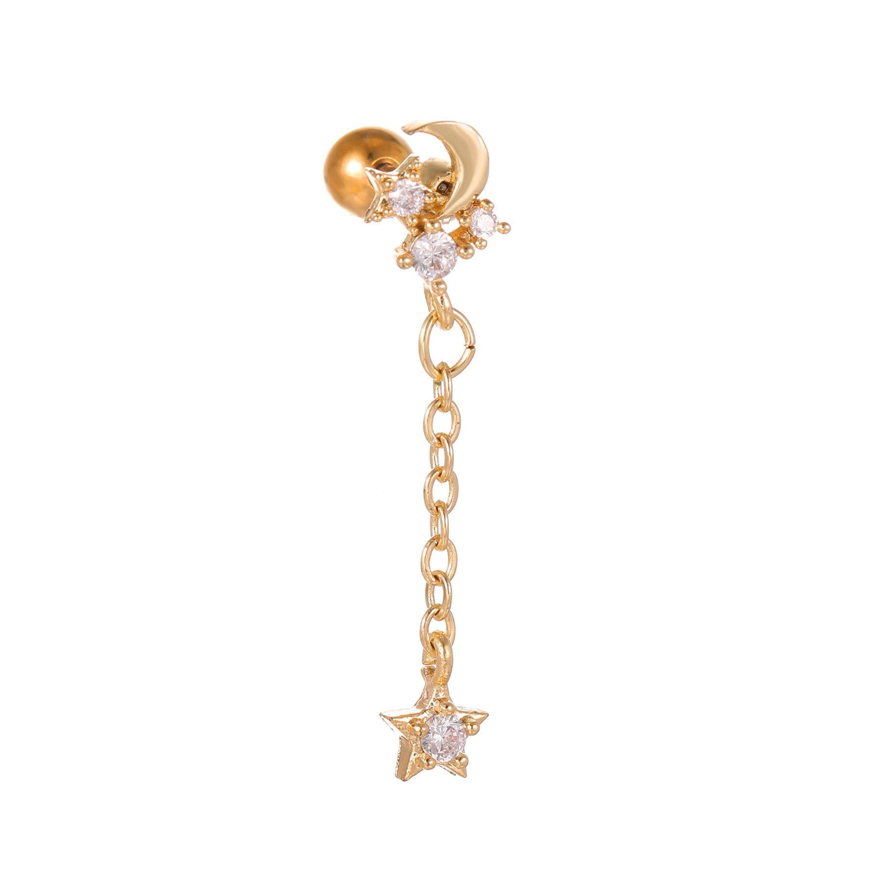 image-Fashion Jewelry Piercing Star Moon Cubic Zirconia Stainless Steel Pendant Cartilage Earring Chain Hoop Earring