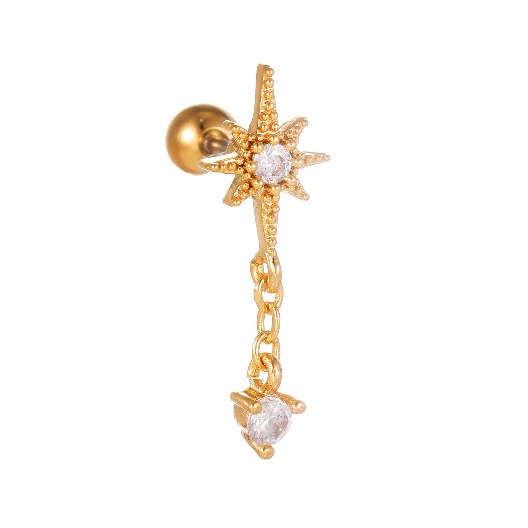 image-Fashion Jewelry Piercing Star Moon Cubic Zirconia Stainless Steel Pendant Cartilage Earring Chain Hoop Earring