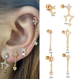 image-Fashion Jewelry Piercing Star Moon Cubic Zirconia Stainless Steel Pendant Cartilage Earring Chain Hoop Earring