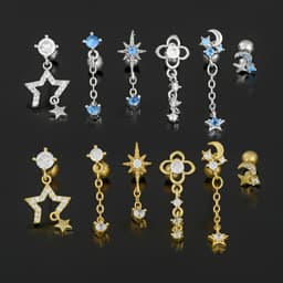 image-Fashion Jewelry Piercing Star Moon Cubic Zirconia Stainless Steel Pendant Cartilage Earring Chain Hoop Earring
