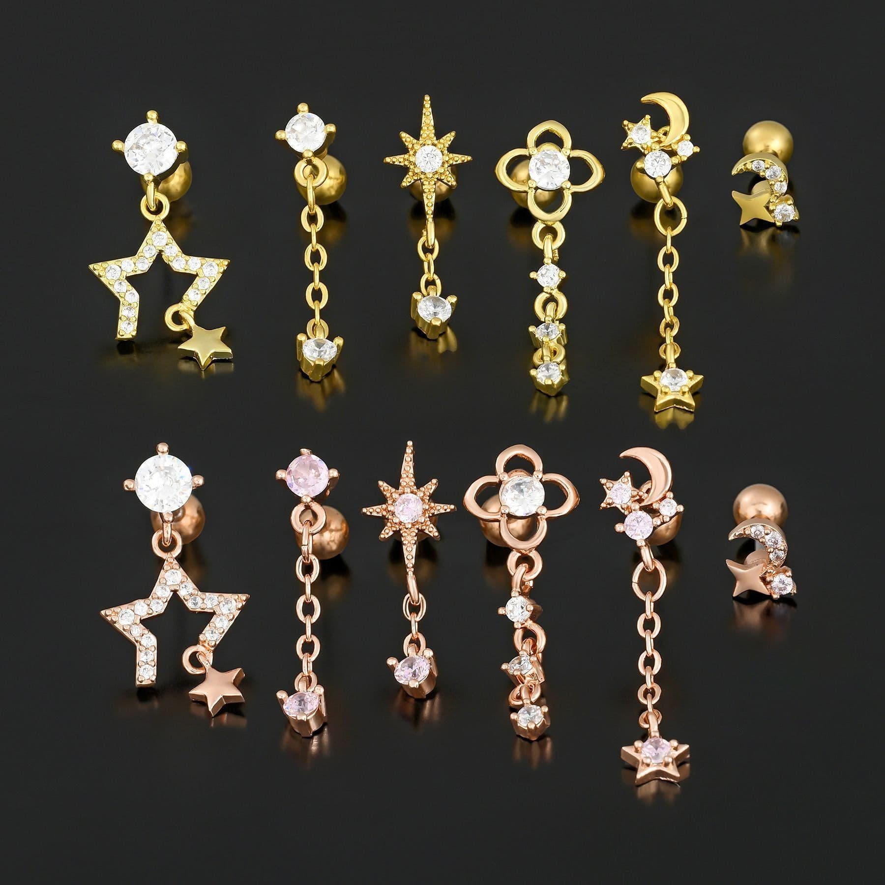 image-Fashion Jewelry Piercing Star Moon Cubic Zirconia Stainless Steel Pendant Cartilage Earring Chain Hoop Earring