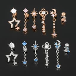 image-Fashion Jewelry Piercing Star Moon Cubic Zirconia Stainless Steel Pendant Cartilage Earring Chain Hoop Earring
