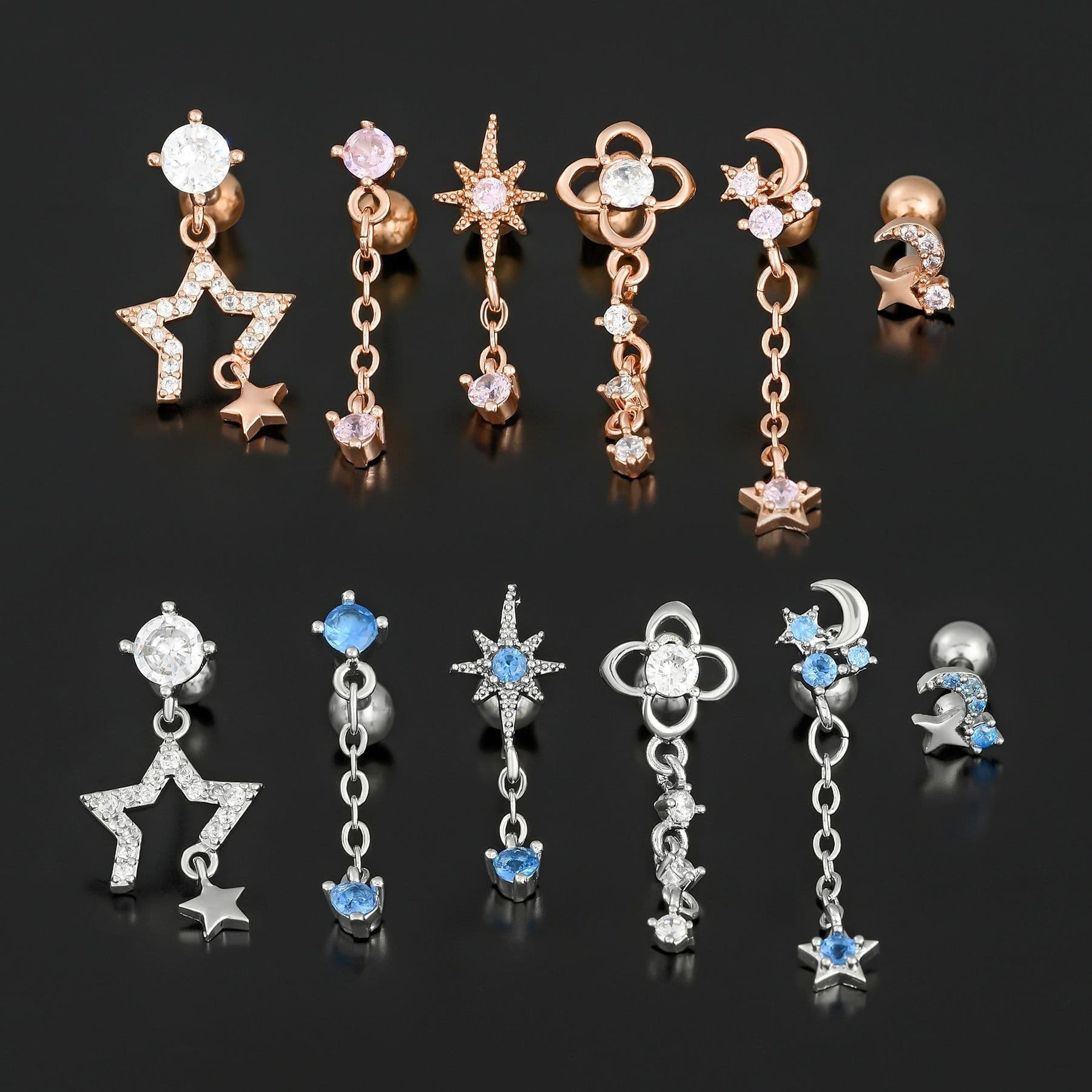 image-Fashion Jewelry Piercing Star Moon Cubic Zirconia Stainless Steel Pendant Cartilage Earring Chain Hoop Earring