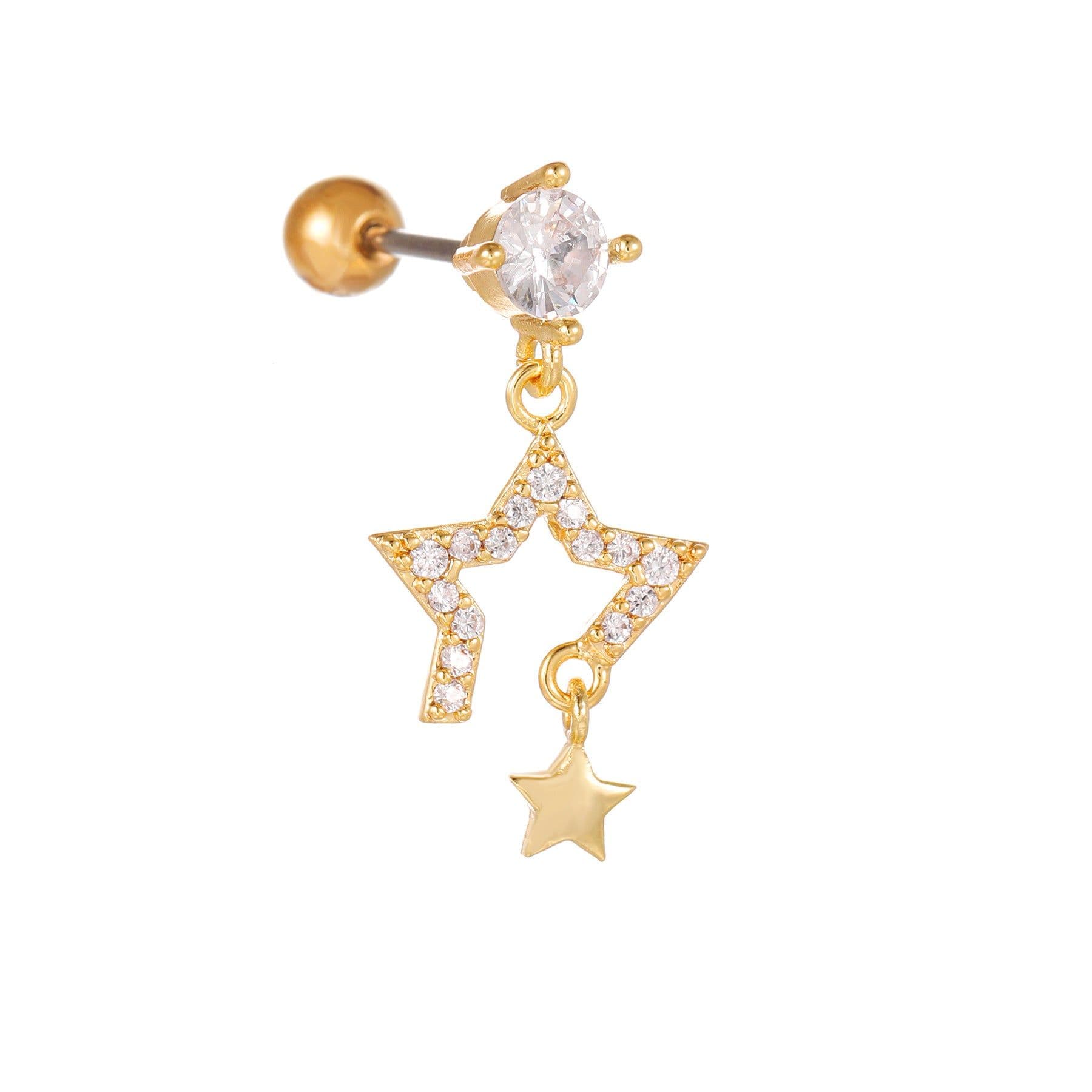 image-Fashion Jewelry Piercing Star Moon Cubic Zirconia Stainless Steel Pendant Cartilage Earring Chain Hoop Earring
