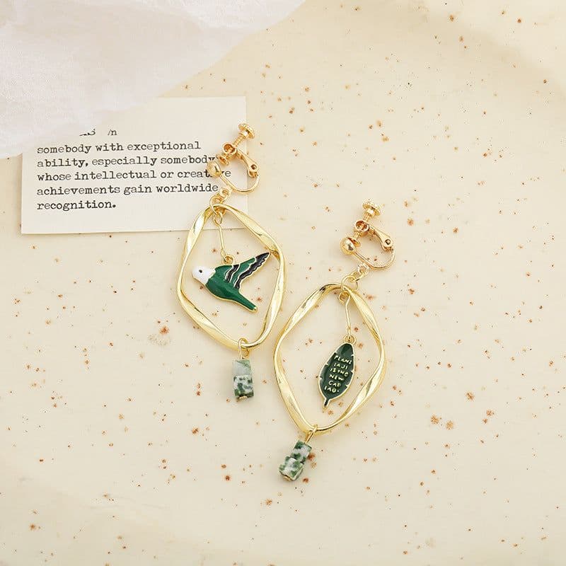 image-Retro Mori Style Green Bird Earrings Geometric Leaf Ear Clip