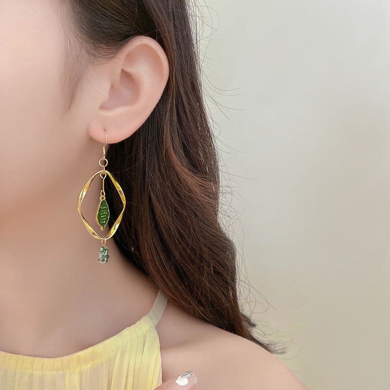 image-Retro Mori Style Green Bird Earrings Geometric Leaf Ear Clip