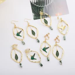 image-Retro Mori Style Green Bird Earrings Geometric Leaf Ear Clip