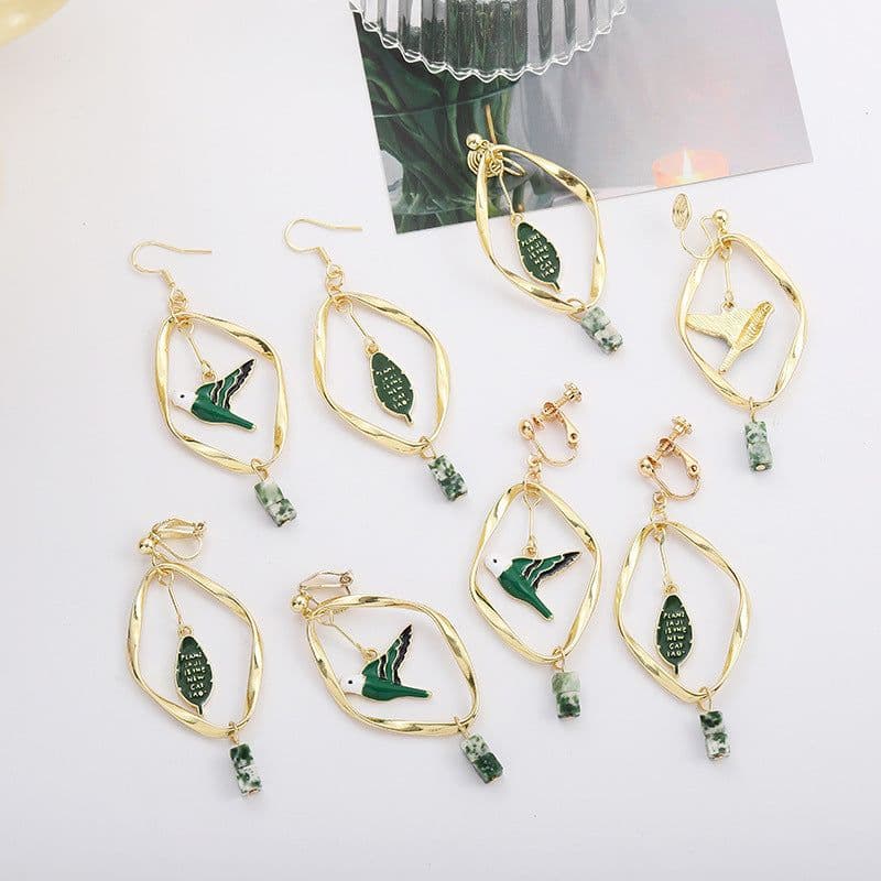 image-Retro Mori Style Green Bird Earrings Geometric Leaf Ear Clip