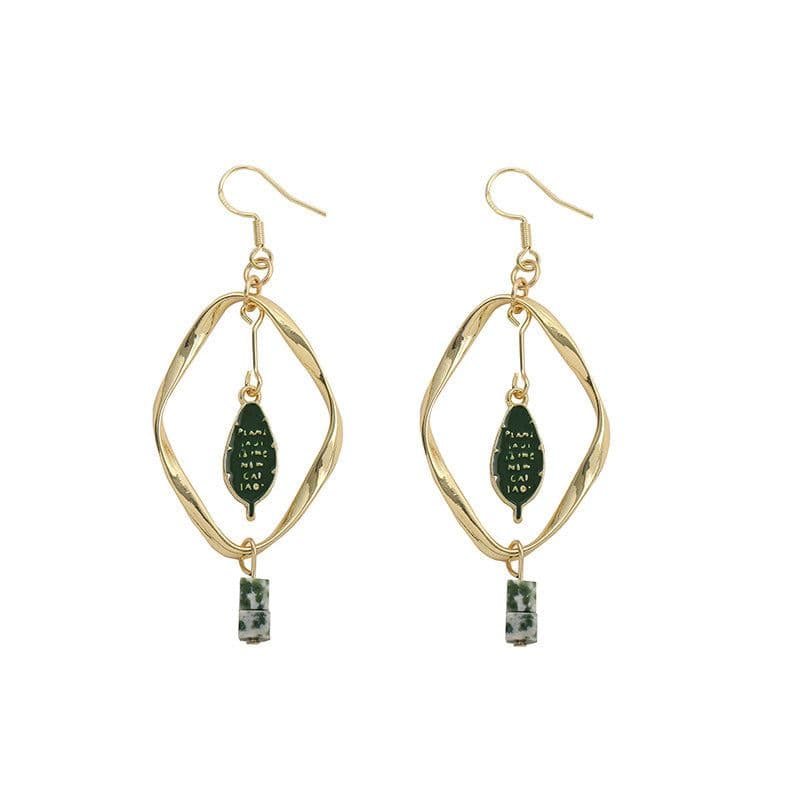 image-Retro Mori Style Green Bird Earrings Geometric Leaf Ear Clip